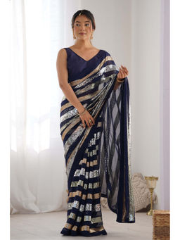Mysilklove - Navy Blue Georgette Partywear Saree with Unstitched Blouse