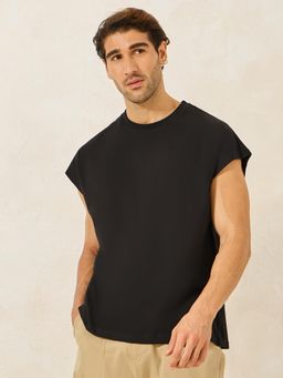 Styli Elevate - Men Black Solid Cap Sleeveless Crew Neck Oversized T-Shirt