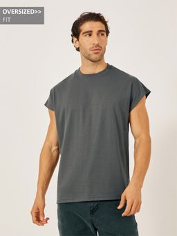 Styli Elevate - Men Charcoal Solid Cap Sleeveless Crew Neck Oversized T-Shirt