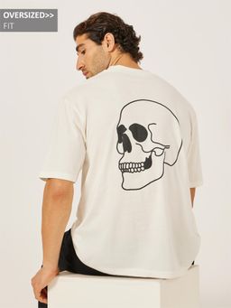Styli Elevate - Men Cream Oversized Skull Graphic Print T-Shirt