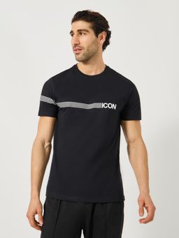 Styli Elevate - Men Black Typography Placement Striped Print Regular Fit T-Shirt