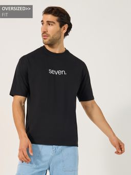 Styli Elevate - Men Black Oversized Cotton Blend Crew Neck Typographic Printed T-Shirt