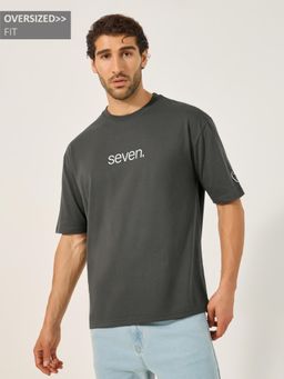 Styli Elevate - Men Charcoal Oversized Cotton Blend Crew Neck Typographic Printed T-Shirt