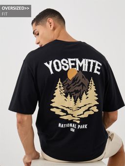 Styli Elevate - Men Black Oversized Yosemite Graphic Print Crew Neck Cotton T-Shirt