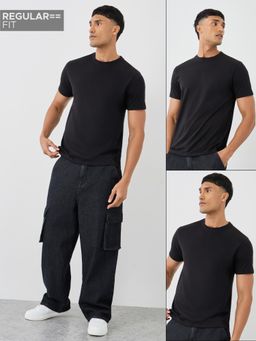 Styli - Men Solid Pack Of 2 Black Cotton Blend Regular Fit Crew Neck T-Shirt