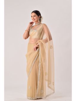 Sutra Attire - Womens Luxurios Beige Handcrafted Tissue Saree with Unstitched Blouse