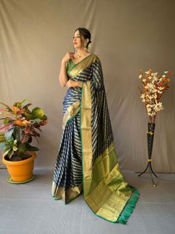 EXCLUSIVA - Navy Blue Patola Leheriya Saree with Unstitched