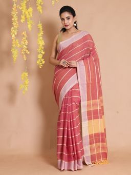 CHARUKRITI - Salmon Pink Cotton Handwoven Striped Designs Saree with Unstitched Blouse