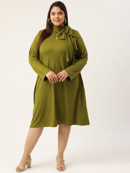 theRebelinme - Plus Size Womens Olive Green Solid Colour Tie-up Neck A-line Dress