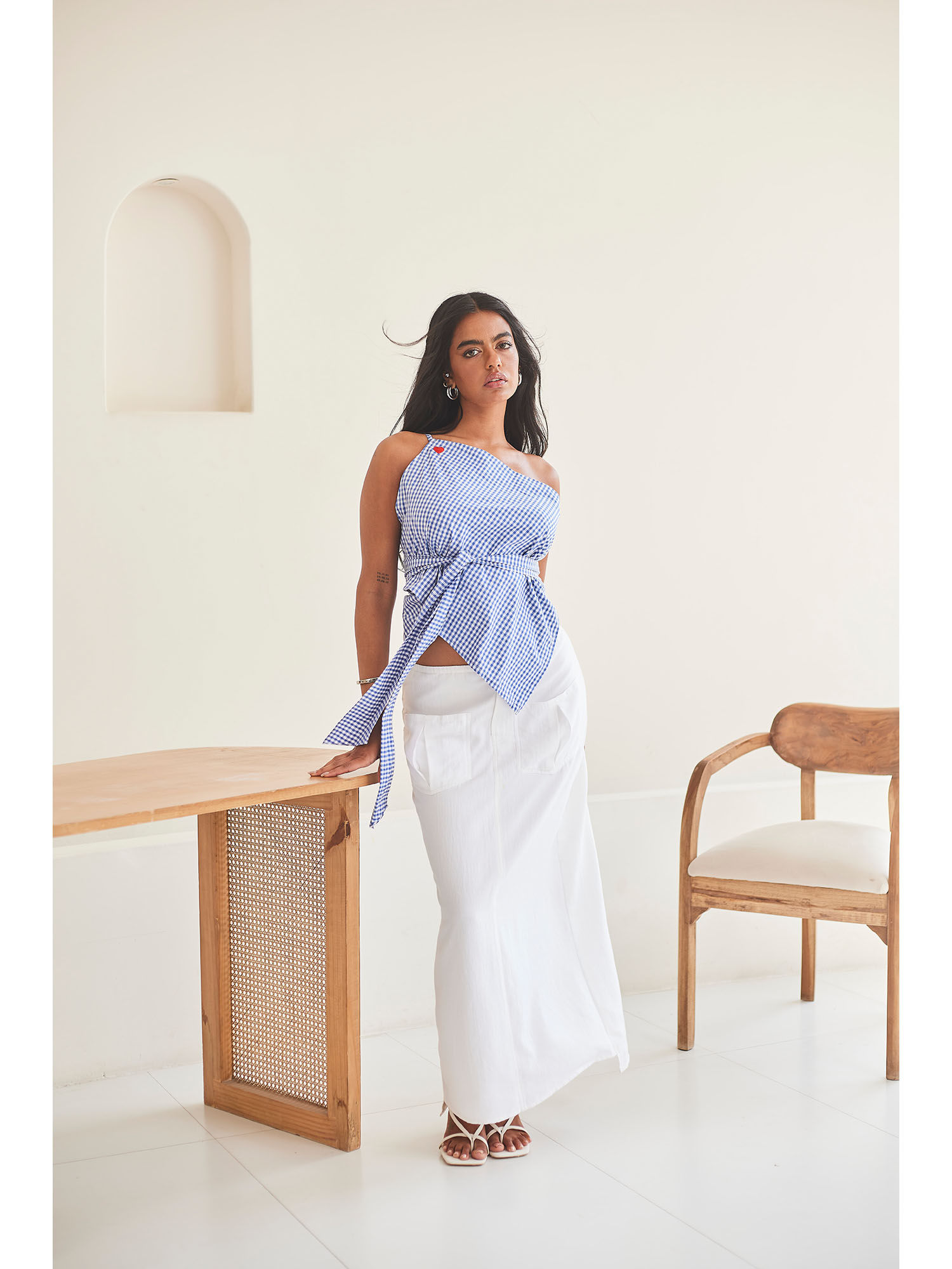 Buy Urban Suburban White and Blue Gingham One Shoulder Top (XS) Online