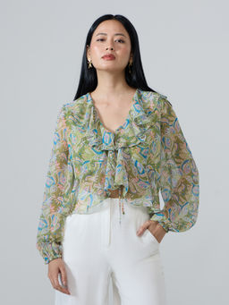 Twenty Dresses by Nykaa Fashion - Green Printed V Neck Bishop Sleeves Ruffled Top