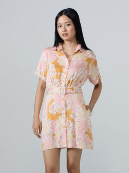 Twenty Dresses by Nykaa Fashion - Beige Printed Collared Belted Mini Shirt Dress