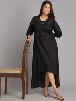 Suti - Women Staple Rayon Solid Dress Kurti Embellished with Metal & Tassels Black