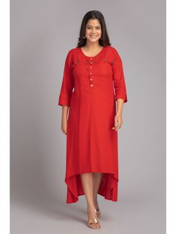 Suti - Women Staple Rayon Solid Dress Kurti Embellished with Metal & Tassels Red