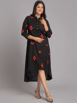 Suti - Women Cotton Slub Solid Dress Kurti Embellished with Embroidery Black