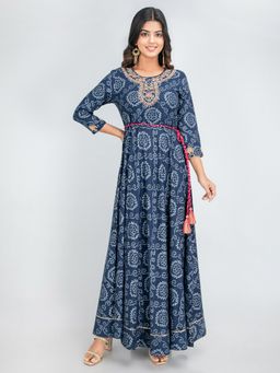 Suti - Women Rayon Hand Embellished with Bandhan Print Dress Blue