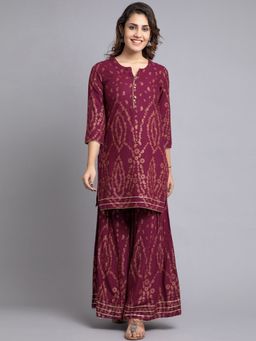 Suti - Women Staple Rayon Gold Print Kurta with Sharara Maroon (Set of 2)