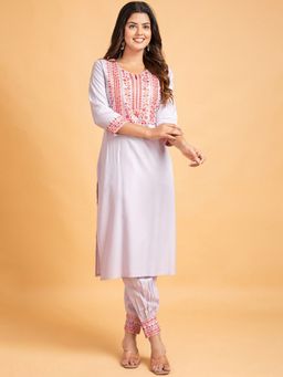 Suti - Women Rayon Embroidery Work Kurta & Pant Lavender (Set of 2)
