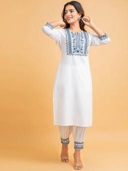 Suti - Women Rayon Embroidery Work Kurta & Pant White (Set of 2)