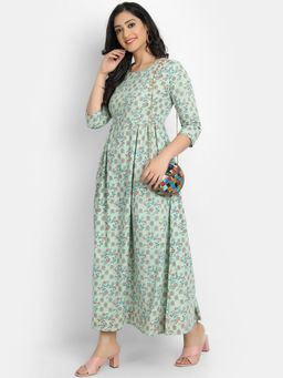 Suti - Women Cotton Printed Long Flair Dress Green