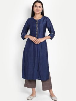 Suti - Women Rayon Solid Embroidery Kurta & Pant Blue (Set of 2)