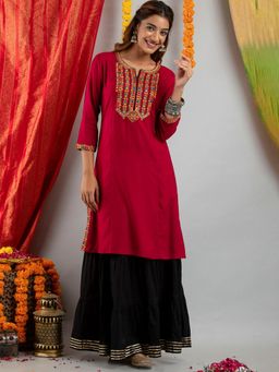 Suti - Women Premium Rayon Embroidery Work Kurta &Skirt Red (Set of 2)