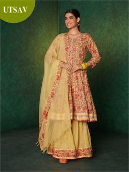 Likha - Yellow Jaipuri Printed Anarkali Kurta, Sharara & Dupatta LIKSKD163 (Set of 3)