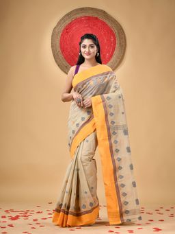 DESH BIDESH - Beige Handloom Cotton Padmo Woven Design Tant Saree without Blouse