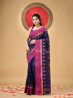 DESH BIDESH - Navy Blue Handloom Cotton Padmo Woven Design Tant Saree without Blouse