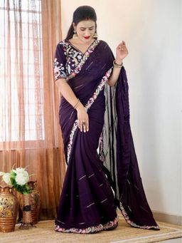 Odette - Women Purple Silk Blend Embroidered Saree with Unstitched Blouse
