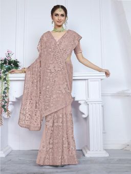 Odette - Women Mauve Net Embroidered Saree with Unstitched Blouse