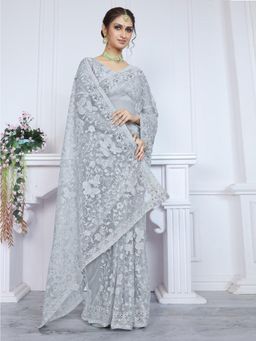 Odette - Women Grey Net Embroidered Saree with Unstitched Blouse