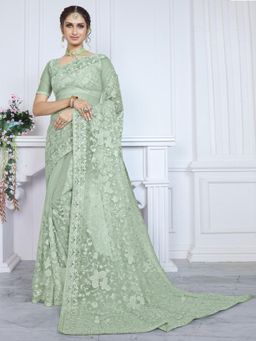 Odette - Women Green Net Embroidered Saree with Unstitched Blouse