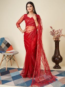 Odette - Women Red Net Embellished Saree with Unstitched Blouse