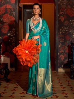 Vardha - Women Turquoise Synthetic Woven Saree with Unstitched Blouse