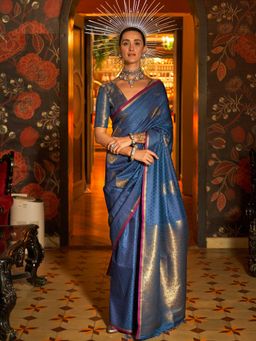 Vardha - Women Blue Synthetic Woven Saree with Unstitched Blouse