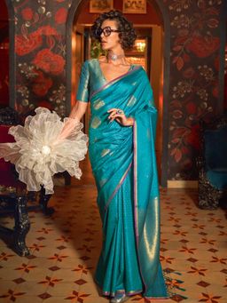 Vardha - Women Turquoise Synthetic Woven Saree with Unstitched Blouse