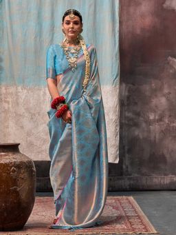 Vardha - Women Blue Synthetic Woven Saree with Unstitched Blouse