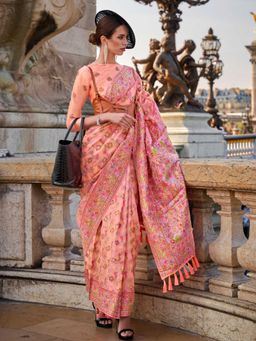 Vardha - Women Peach Synthetic Woven Saree with Unstitched Blouse