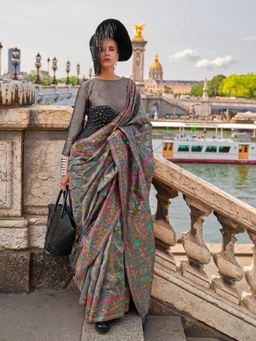 Vardha - Women Grey Synthetic Woven Saree with Unstitched Blouse