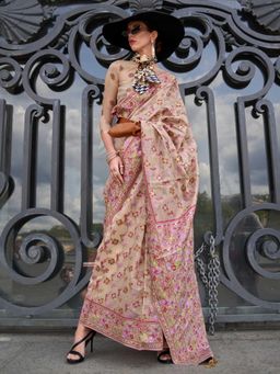 Vardha - Women Beige Synthetic Woven Saree with Unstitched Blouse
