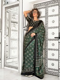 Vardha - Women Green Synthetic Printed Saree with Unstitched Blouse