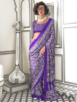 Vardha - Women Purple Synthetic Printed Saree with Unstitched Blouse