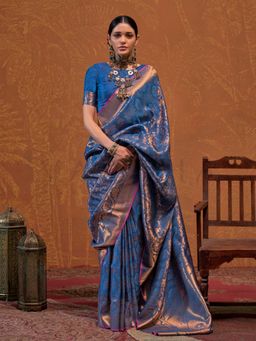 Vardha - Women Blue Synthetic Woven Saree with Unstitched Blouse