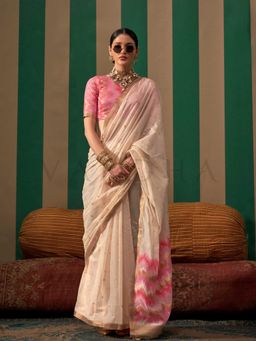 Vardha - Women Ivory Synthetic Woven Saree with Unstitched Blouse