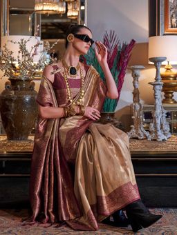 Vardha - Women Beige Synthetic Woven Saree with Unstitched Blouse