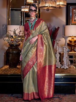 Vardha - Women Green Synthetic Woven Saree with Unstitched Blouse