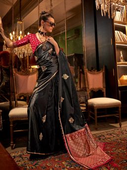 Vardha - Women Black Synthetic Woven Saree with Unstitched Blouse