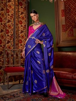 Vardha - Women Blue Synthetic Woven Saree with Unstitched Blouse