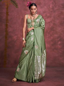 Vardha - Women Olive Synthetic Woven Saree with Unstitched Blouse